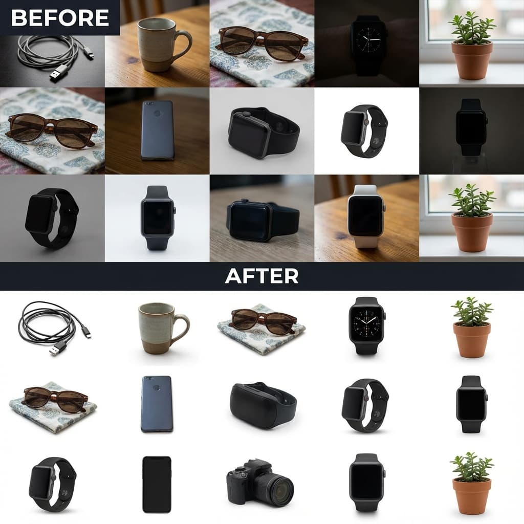 Bulk Studio showing grid of 100+ product photos being processed simultaneously