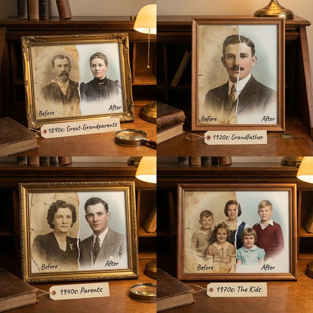 Multi-generational family photo restoration showing vintage photos from different eras restored and colorized