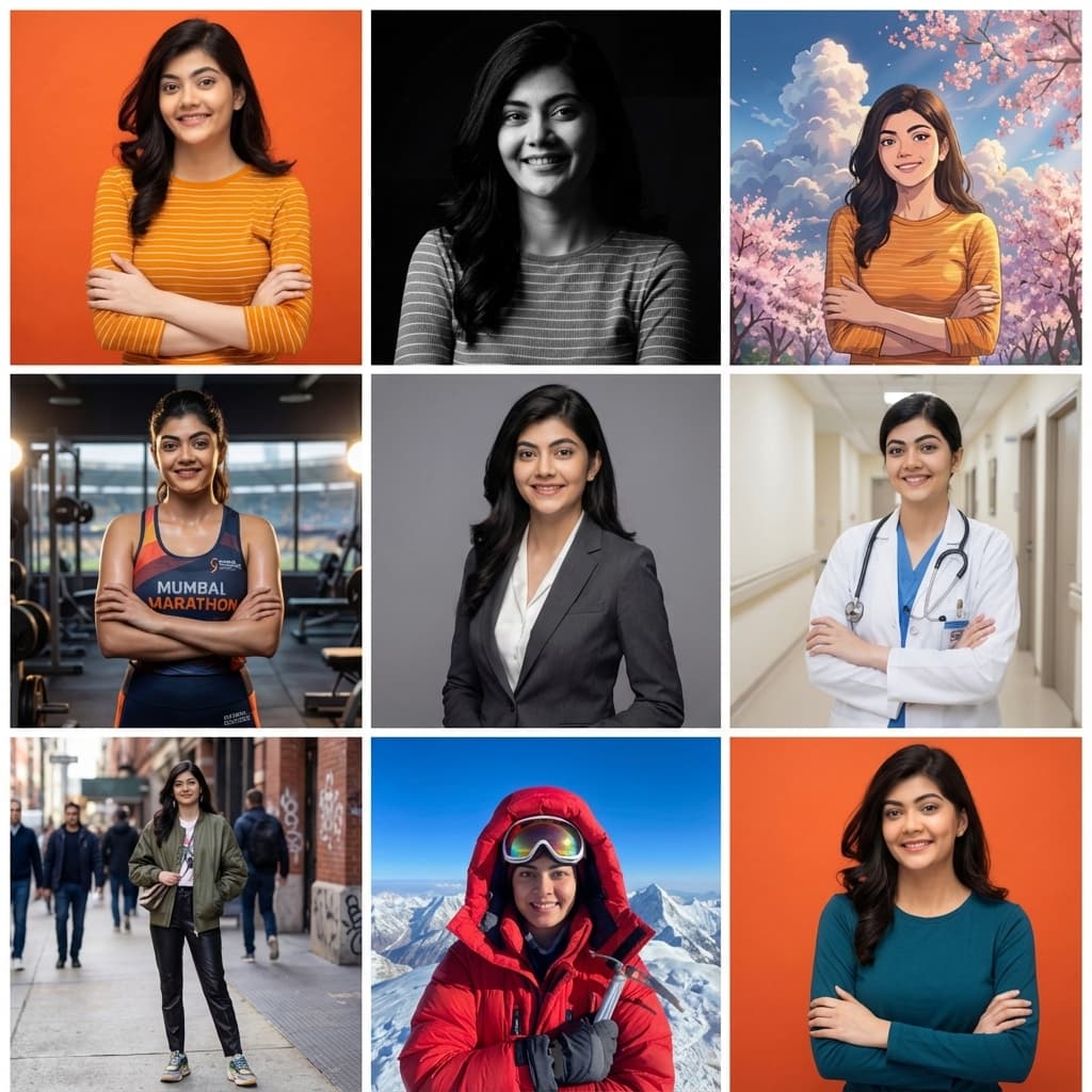 Instagram grid showing 9 different style variations of the same photo - Casual, B&W, Artistic, Fitness, Business, Medical, Street Fashion, Adventure